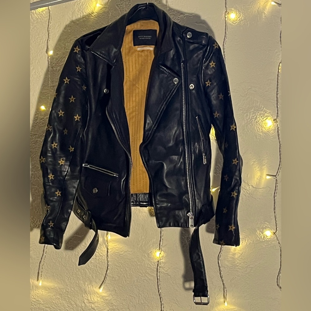 Scotch & Soda black leather moto jacket with yellow inside stars embroidered